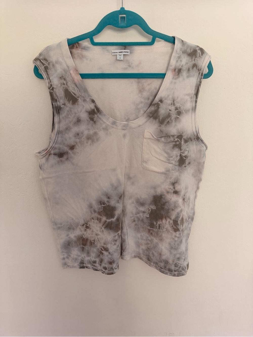 James Perse Cream and Gray Tie-Dye Sleeveless Pocket Tank